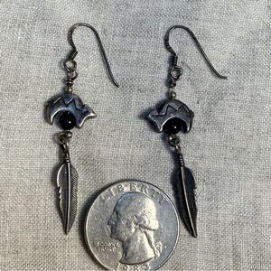 Dainty Dangly Spirit Bear and Feather Sterling Earrings
